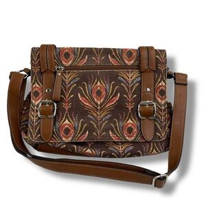 RELIC Feather Print Canvas Shoulder Bag Crossbody Purse Brown